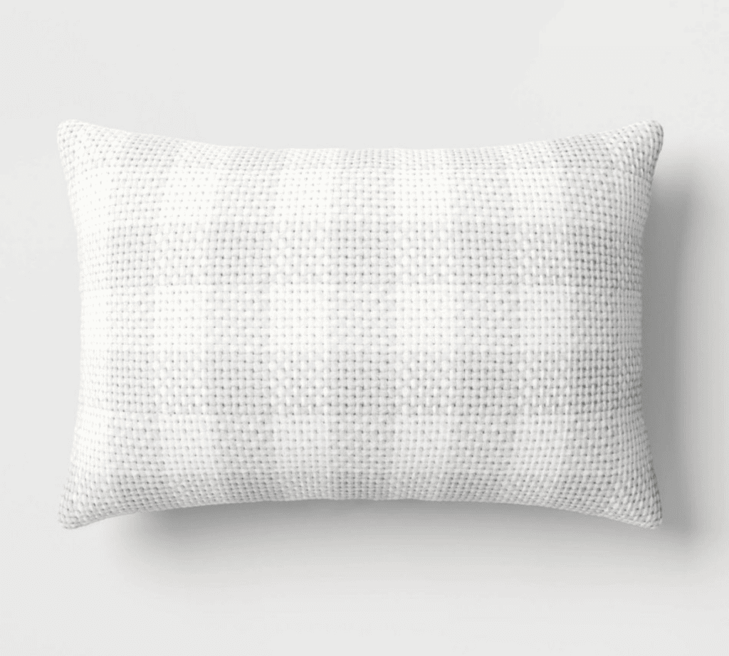check white and gray print outdoor throw pillow
